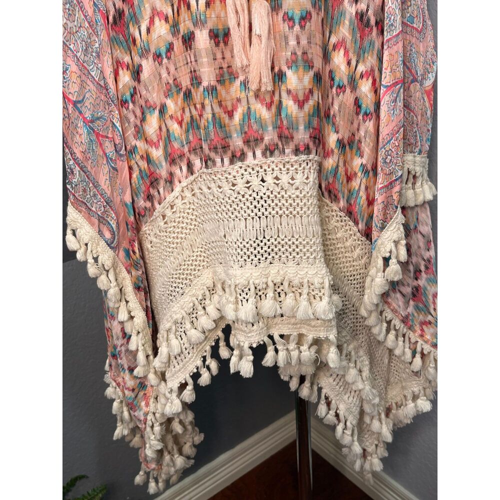 Casting Paris Tunic Top Large Pink Paisley Crochet Fringe L Coverup - Picture 6 of 10